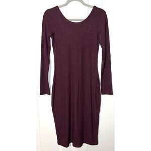 Chaser Long Sleeve Ribbed Dress Size Small Burgundy Maroon Open Back Round Neck